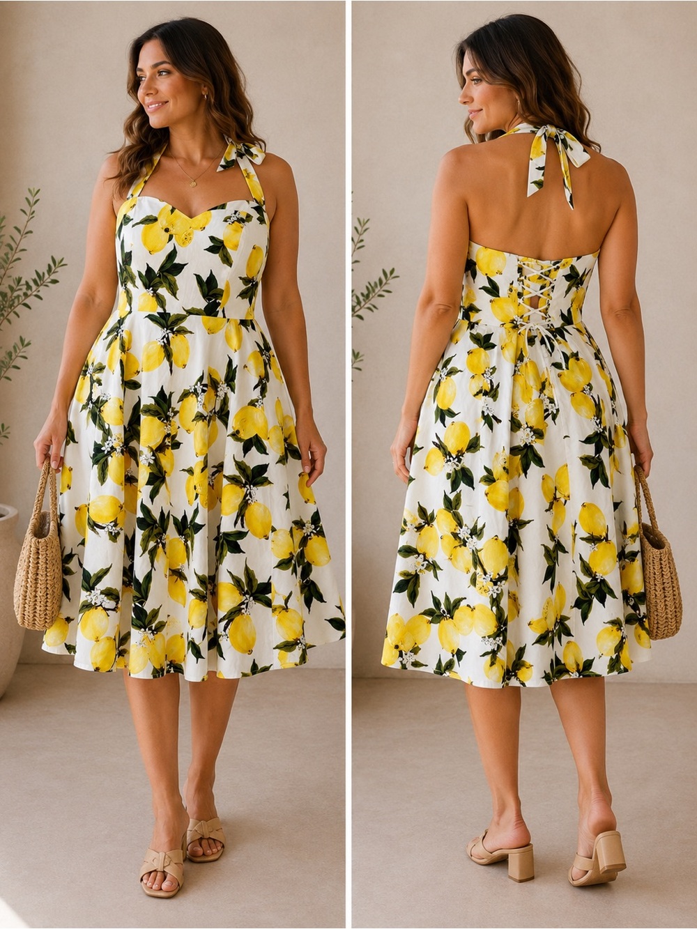Lemon Print Halter Retro Mod Corset Back Midi Cottagecore Garden 3X โ TopDress